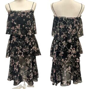 VTG 60-70s Black Chiffon Tiered Midi Dress Pink Floral Coquette Fairy Cottage XS